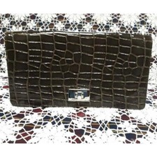 Clutch Handbag Brown Crocodile Embossed Flap Turnlock Medium Vintage Glamour