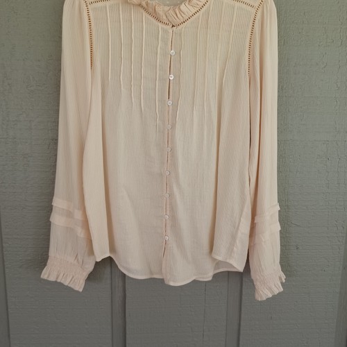 Faherty Willa Button Front Peasant Top SZ M Boho Ruffled Pintucked Vanilla Cream - Picture 3 of 13