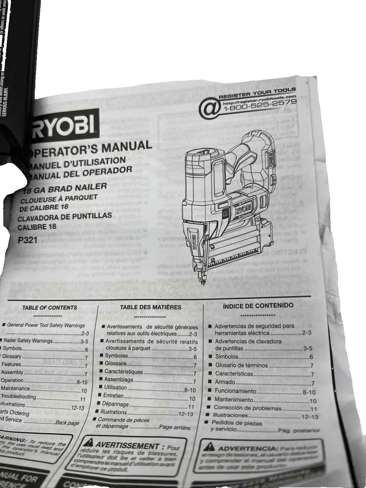RYOBI ONE+ 18V 18 Gauge AirStrike Brad Nailer Cordless P321 Tool Only (OB)