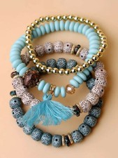 NEW Beaded 4 piece Bracelet Set Aqua Blue Tassel Boho Charm Stack Layered Bead