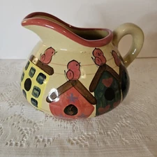 VTG Heather Stone Pottery Pitcher Handpainted Birdhouses and Birds  Signed MW