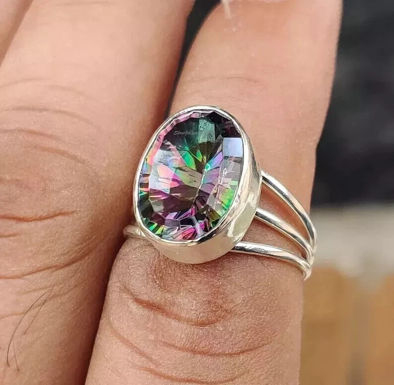 Anillo de mujer hecho a mano con piedras preciosas de topacio místico de plata 925 todas las tallas R75 Foto 3 de 4