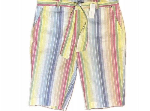 New York Company Women's Size 8 Retro Linen Rainbow Striped 13" Bermuda Shorts