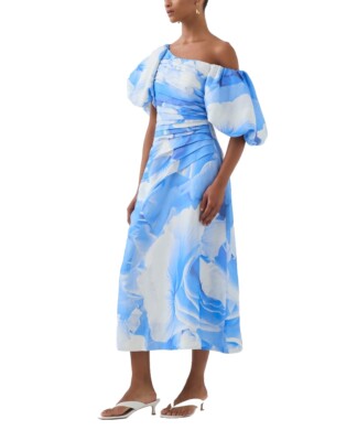 knee length dresses for ladies Cadence Ruched Midi Dress-PRISMATIC FLORAL BLUE / 4 main image 0