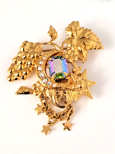 Kirks Folly Brooch Grapes Crescent Moon Emerald Cut AB Crystal Signed 2" - Picture 2 of 7