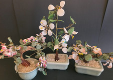 3 x Vintage Asian Jade Glass Flowering Pink Cherry Blossom Bonsai Tree In Pot