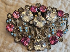 Eisenberg Original Dress Clip Pink, Clear Rhinestones, Faux Turquoise Brooch 3