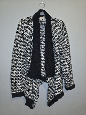 LOFT Black White Wool Blend Chunky Knit Oversized Cozy Cardigan Boho Chic Sz XL