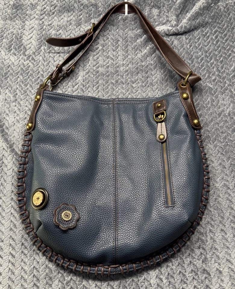 Bolso Bandolera Chala Azul Imitación Cuero Boho Whipstitch Floral Apliques Lunares Foto 2 de 4