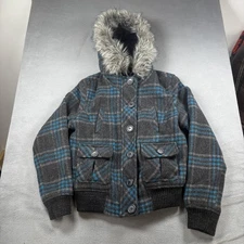 Aeropostale Jacket Womens Medium Gray Blue Plaid Wool Blend Faux Fur Hood Sherpa