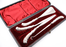 Antique Boxed Victorian Silver Shoe Horn Glove Stretchers Button Hook 1896