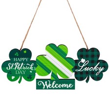 Happy St Patrick's Day Welcome Sign for Front Door Wooden Shamrock Wreath Han...