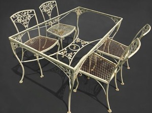 Vntg MCM Woodard Orleans Wrought Iron Outdoor Dining Table Chairs 5 Pc Patio Set