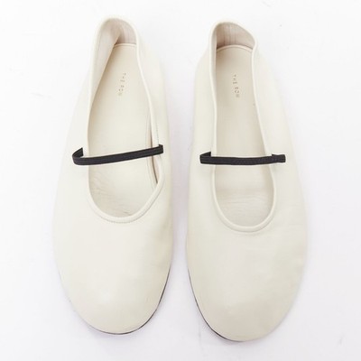 THE ROW off white nappa calfskin leather black elastic ballerina