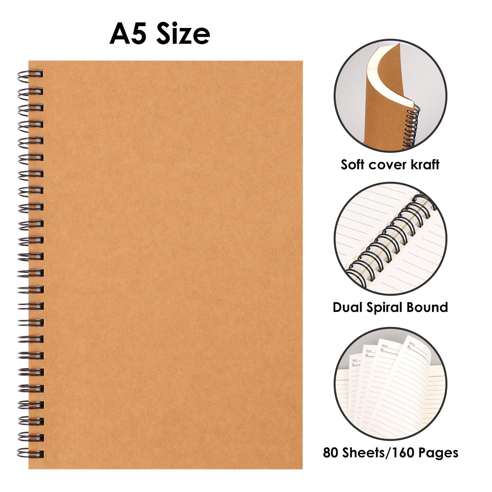 4 Pack Lined Kraft Spiral Notebook, 160 Pages 5 x 8in Soft Cover Spiral Journ...