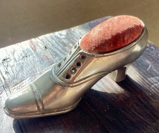 Unusual Vintage Silver Plated Pincushion In the shape of a shoe.