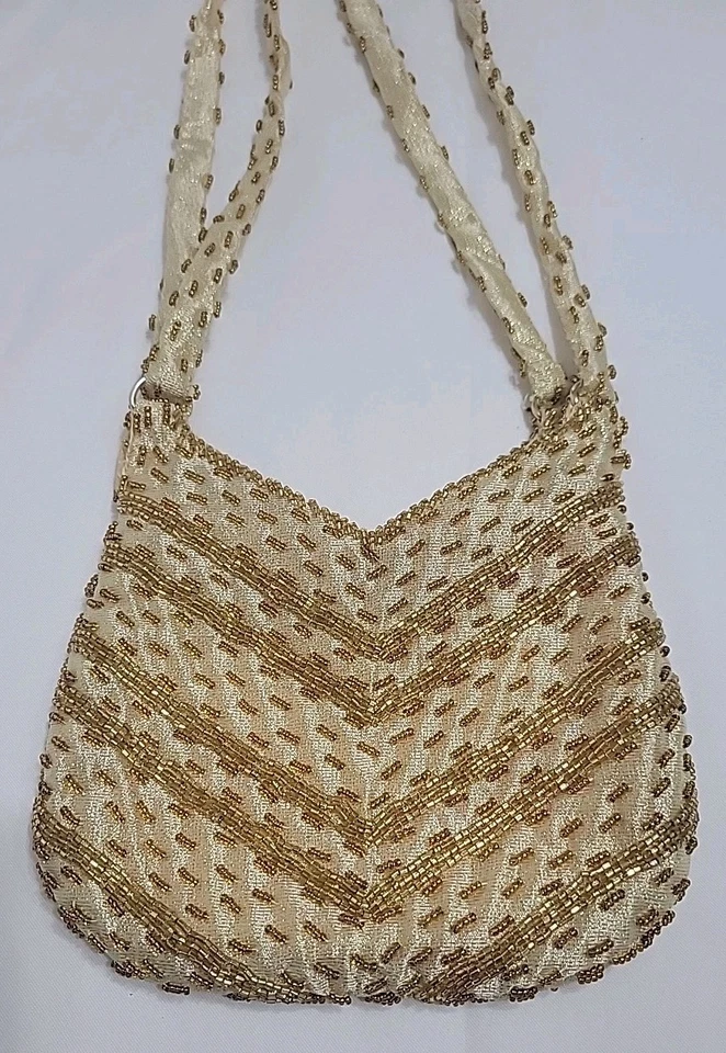 Bolso clutch de noche vintage Walborg con cuentas hecho a mano Hong Kong años 50-60 dorado Foto 2 de 4