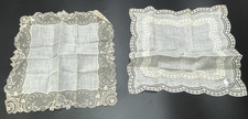 VINTAGE WEDDING HANDKERCHIEF LOT OF 2 LACE EDGE BRIDAL HANKIES ECRU LINEN