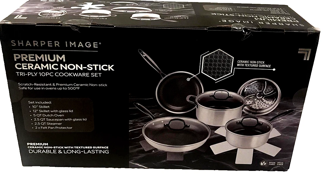 Sharper image Premium Cookware set 10pc ceramic non stick Tri-ply Stainless New