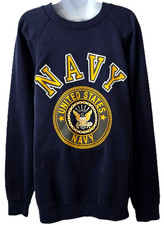 Vintage US Navy Crew Sweatshirt XL Reflective Front Back Logo Soffe Sweats Blue