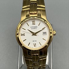 Citizen Womens Watch 25mm Gold Tone White Dial Date Stainless New Battery 6.5"