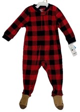 NWT Carters 12 Mo. Pajamas Reindeer Feet One-Piece Red & Black Plaid Christmas 