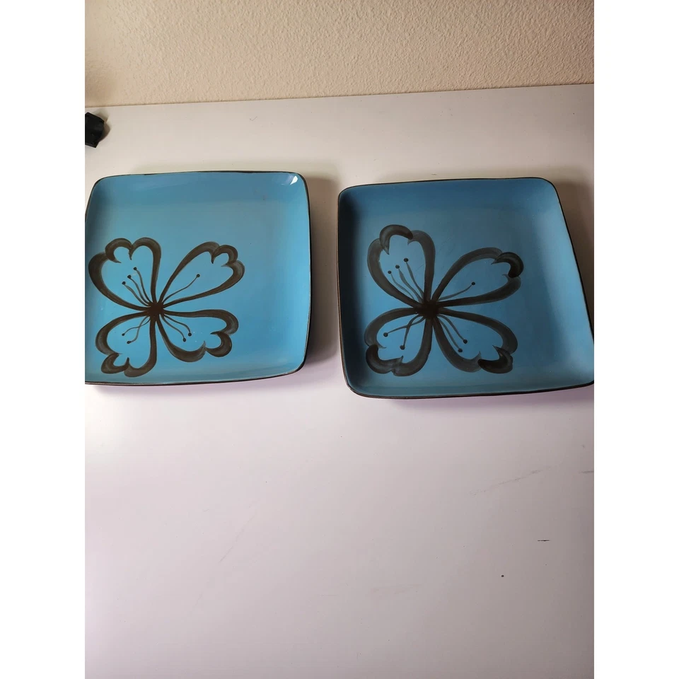 PIER 1 IMPORTS Azul Marrón Floral Pesado Boho 10.5" Cuadrado Gres Plato Juego de 2 Foto 2 de 4
