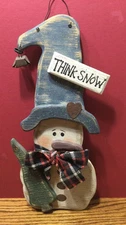 Hanging Snowman "Think Snow" 15" Distressed Wood Wall Door Plaque Sign