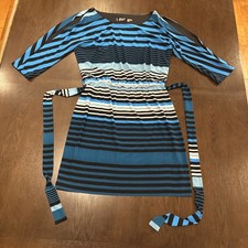 Guess 3/4 Slit Sleeve Tie Waist Dress Blue/Black/Gray Stripes Women’s 10