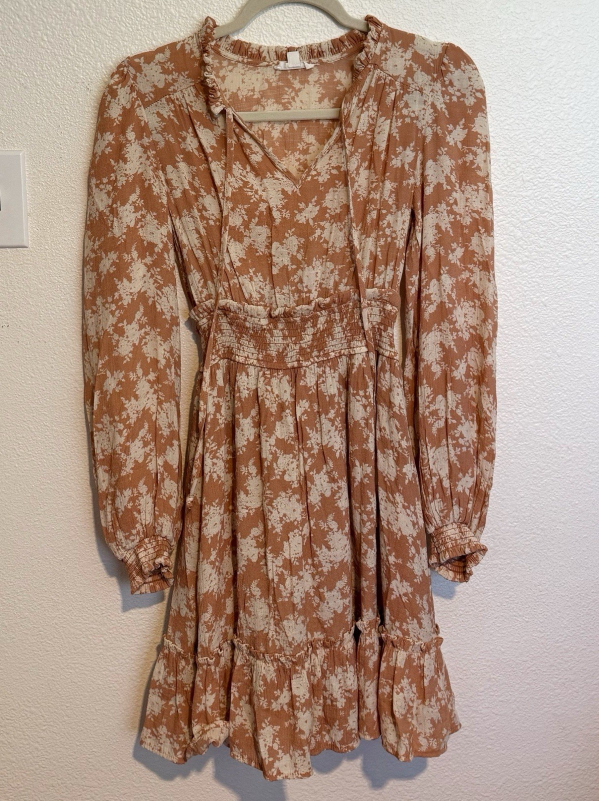 Blu Pepper Floral Ruffle Tie Mini Dress Brown Puff Long Sleeve Size S