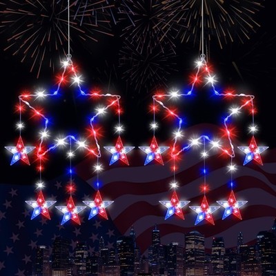 4th of July Star Lights 2 Pack 62 LED Patriotic Window Lights Remote USB