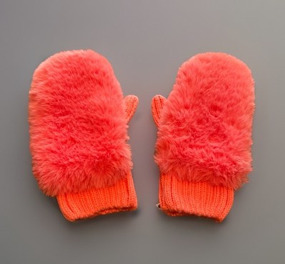 Fun Faux Fur Coral Pink Convertible Mittens Cable Knit Fingerless Gloves Winter
