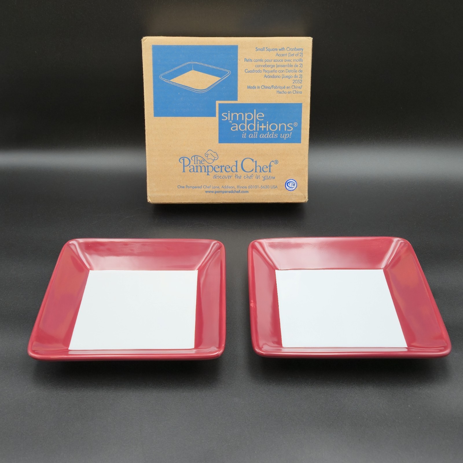 Set of 2 Pampered Chef Simple Additions 7" Cranberry & White Square Plates