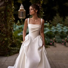 Satin Wedding Dresses Square Neck Elegant Ball Gown Bridal Dress Pleated Buttons
