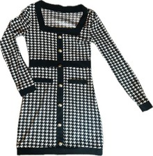 SHEIN Black & White Houndstooth Bodycon Dress – Gold Buttons – Long Sleeve