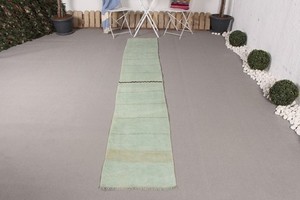Vintage Runner Rug, 1,7x10,2 ft Turkish Rug, Green Kilim Wool Rug