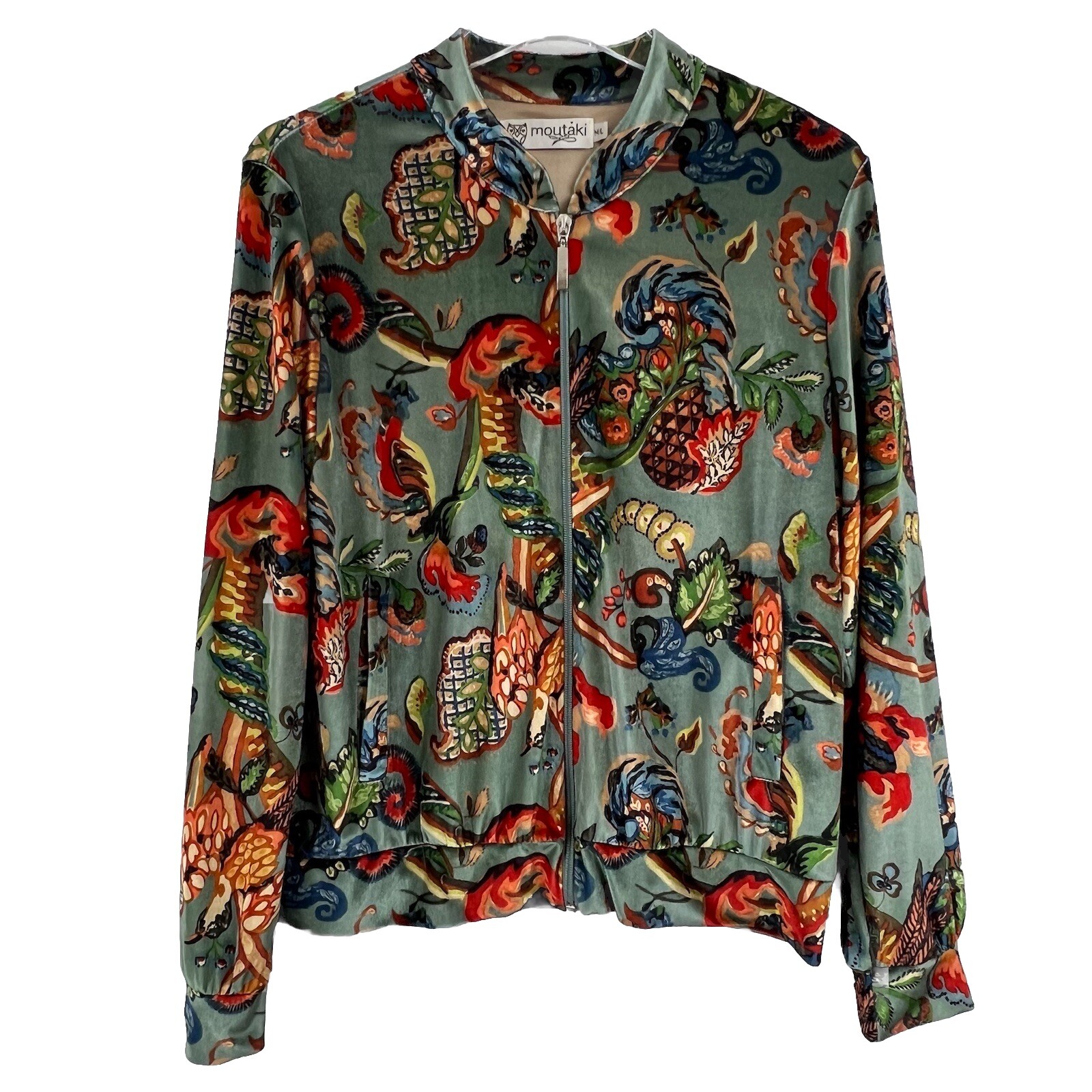 Chaqueta Moutaki Terciopelo Cremallera Grecia Mujer’s M/L Floral Vibrante Elegante Cuello Soporte