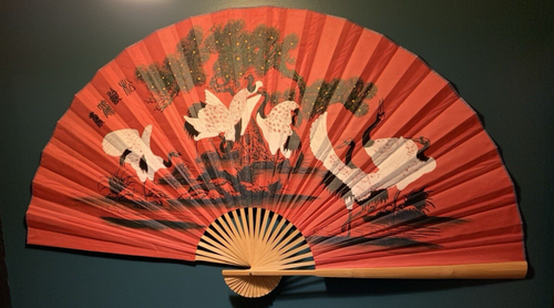 Vintage Hand Painted Folding Bamboo Fan 63" x 35" Extra Large Red Wall Art Decor