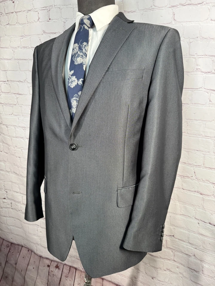 APT. 9 Mens Silver Gray HERRINGBONE Flat Front 2pc Suit 40R Jacket 34x30 Pant - Image 3 of 4