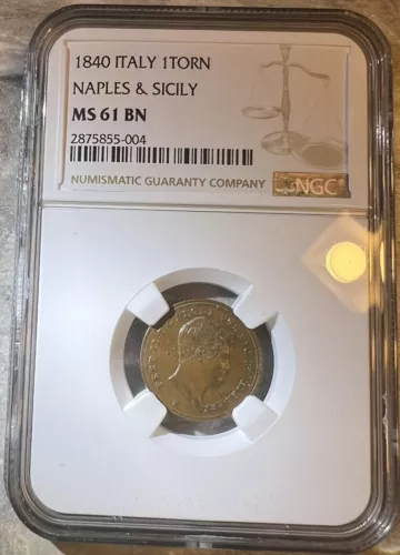 1840 Italy 1 Tornese Naples & Sicily NGC MS 61 BN Only 1 Finer