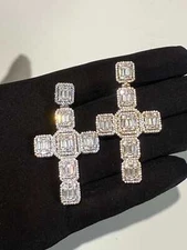 Mens  2" Large Baguette Cross Pendant CZ Solid Real 925 Sterling Silver/14K PL