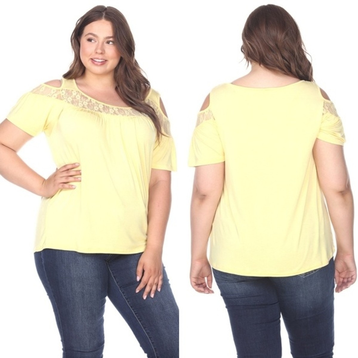 売れ筋商品|||ホワイトマーク カットソー トップス レディース Plus Size Cold Shoulder Lace Trim Knit Top Yellow Pink White Mark Yellow Knit Lace Cold Shoulder Top Sz 3XL | eBay