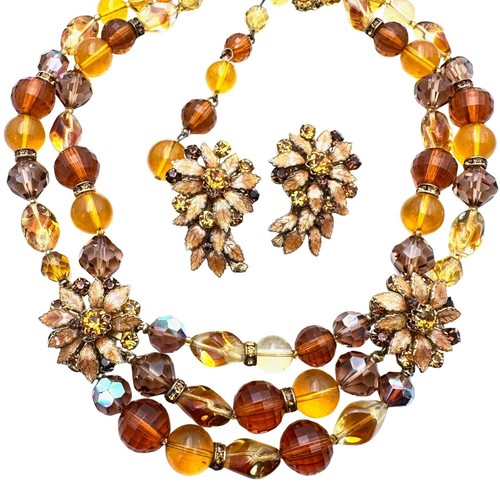 Conjunto de pendientes collar vintage de diamantes de imitación esmaltados en vidrio Demario tono dorado prístino
