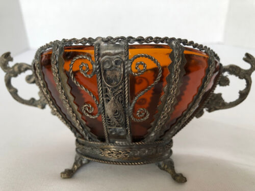 CANDY SERVING Nut BOWL Amber Orange Square Glass Metal Frame Decor and Handles - Picture 10 of 12