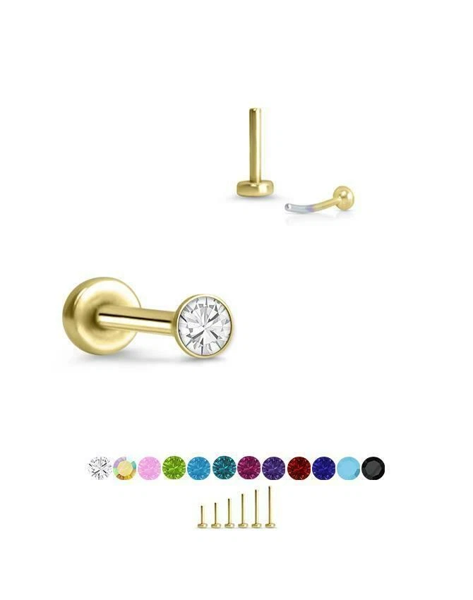 Threadless Labret Nose Ring Monroe Push Pin Stud Yellow Gold Steel 1mm Tiny CZ
