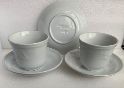 Antique White Ironstone Cups and Saucers Set Bluebells Floral Decoration