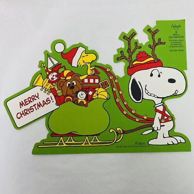 Merry Christmas Diecut Snoopy and Woodstock 1965 Sleigh Toys Vintage Ambassador