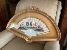 ANTIQUE MOTHER OF PEARL PAPER FAN PROFESSIONALLY FRAMED 30 1/2  W 19 1/2T