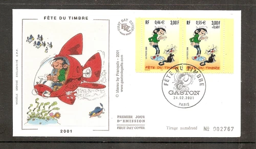 France 2001 SG3707-8 Yvert 3371-71a ex B'klet FDC (Paris) Gaston-Cartoon-Andre