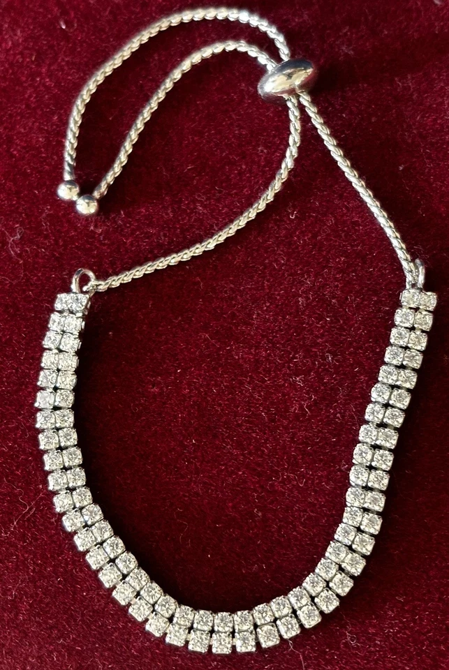 Pulsera Diva Tenis Plata Pelota Deslizante 2 Filas Circonita Abierta Espalda Ajuste Ajustable Foto 3 de 4